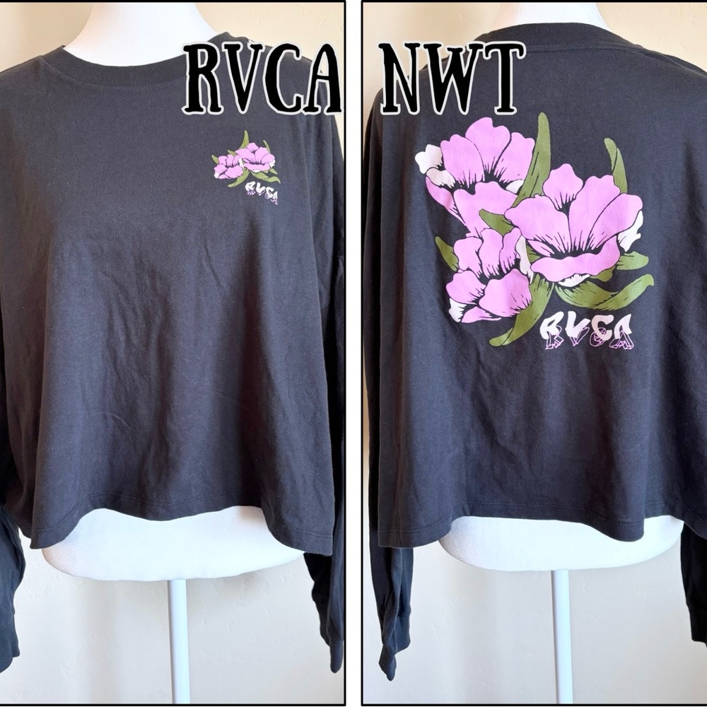 RVCA Women’s Black Long Sleeve Tee Shirt with Pink Floral Graphics NWT